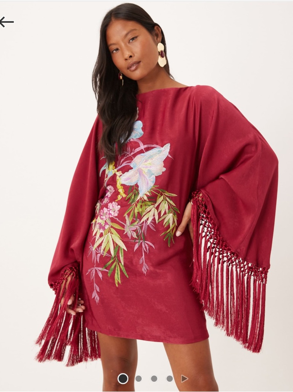 ARRANGE ASOS -Fringed Floral Embroidered Mini Dress - Berry Red